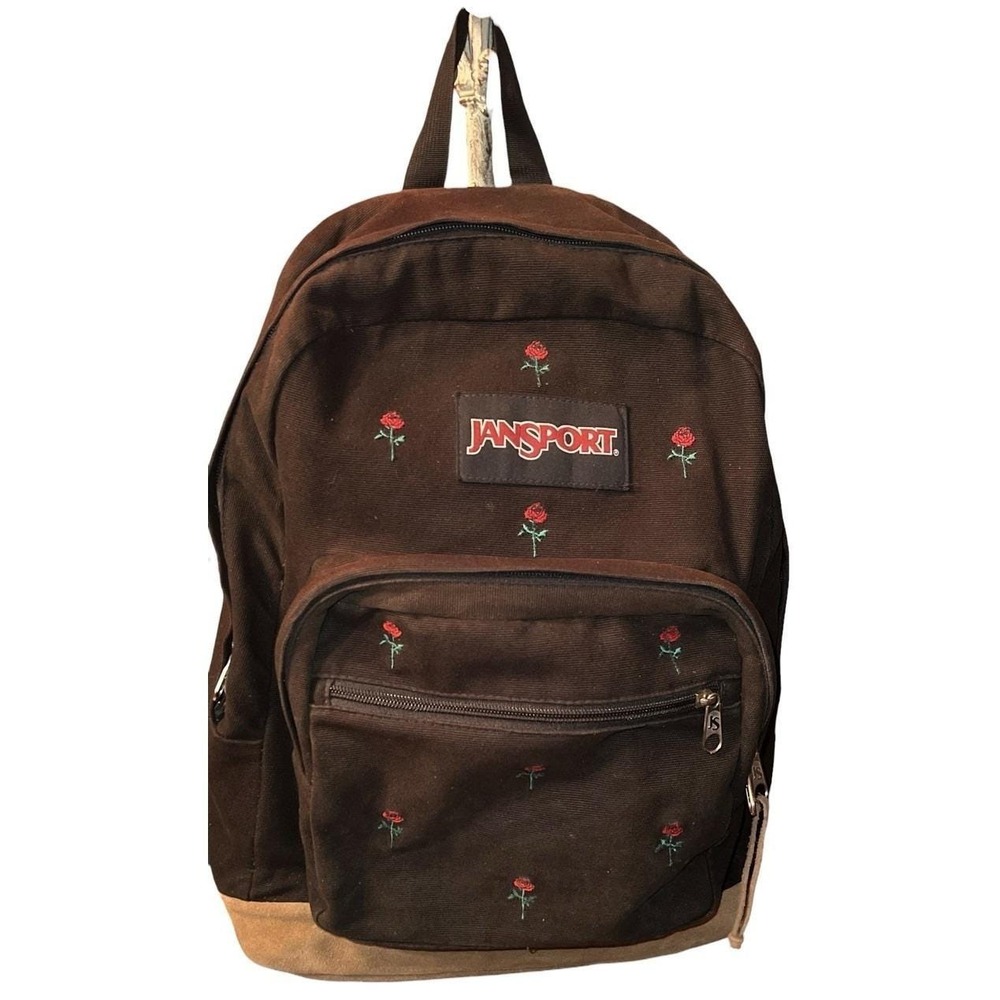 VTG JanSport Right Pack Rose Embroidered Backpack Suede Y2K Cottagecore Goth 17"